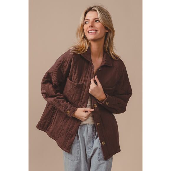 BiBi Quilted Wrinkle Gauze Long Sleeves Chest Pockets Oversized Shacket | Mocha - Picture 4 of 6